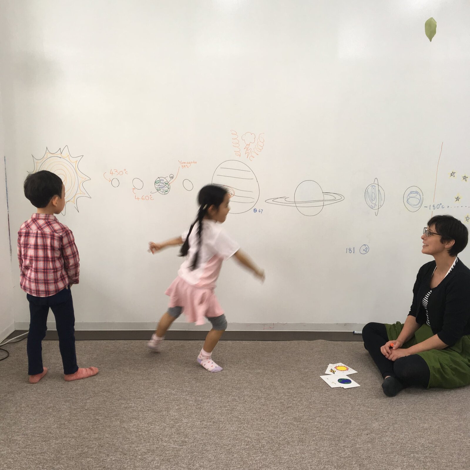 壁いっぱいに描いた太陽系を眺めながらレッスンする幼児たちと先生