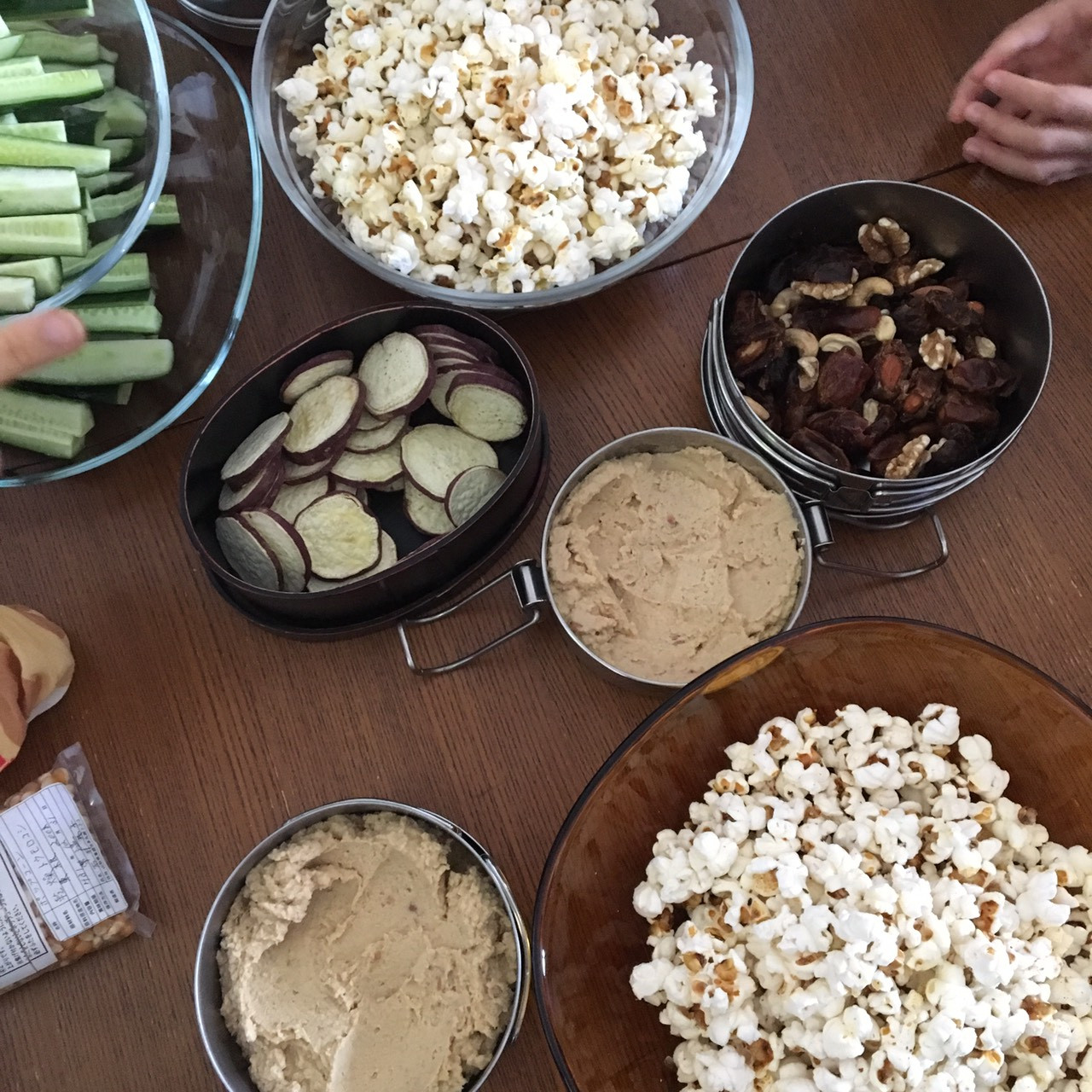 popcorn, hummus, stuffed dates, swe